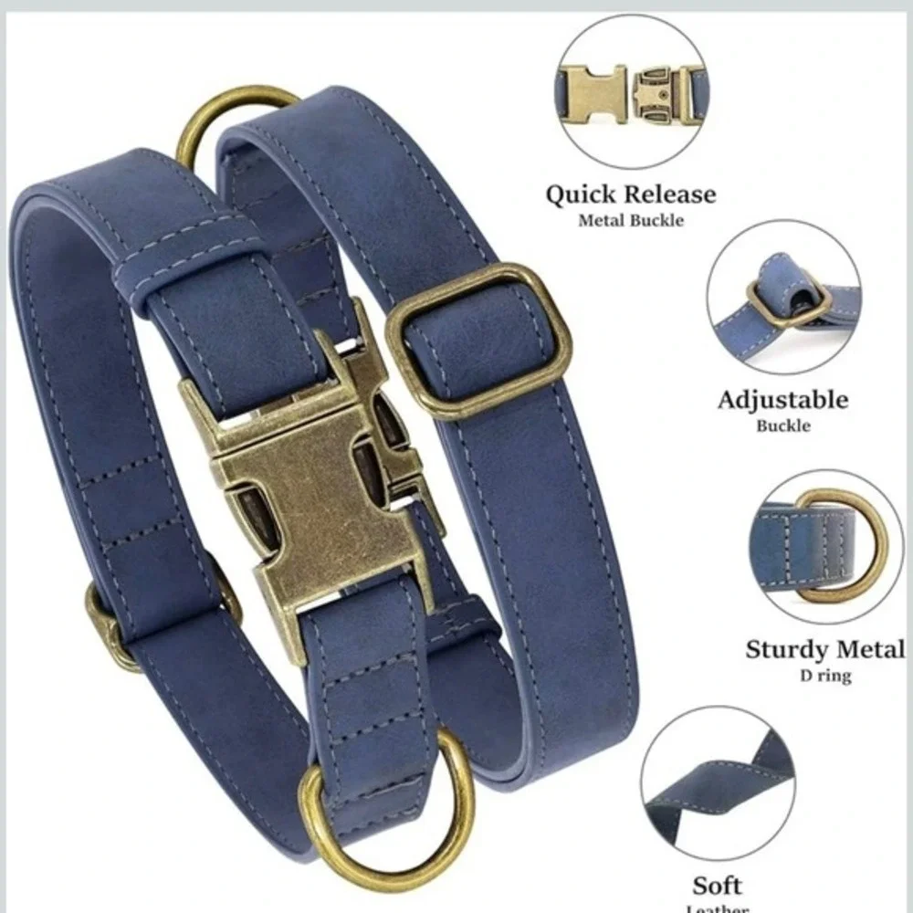 New Didog‎ Leather Dog Collar Blue Size M Metal Buckle Adjustable Sturdy Ring